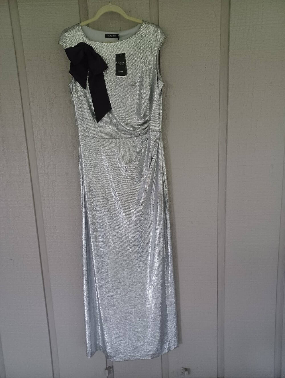 Lauren Ralph Lauren Bow Trim Metallic Gown Size 14 Women Stretch Cocktail Dress